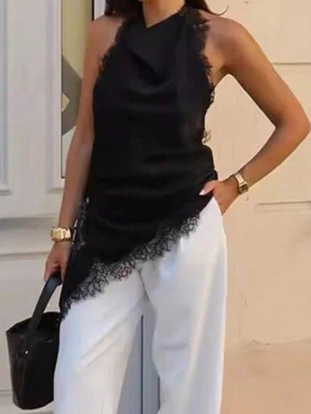 Zara Black Asymmetric Lace-Trim Halter Camisole